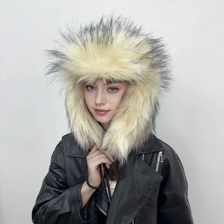 Y2K Fluffy Popular Russian Female Round Earflap Cap Faux Fur Winter Warm Hat For Women Faux Fox Raccoon Fur Beanies Bomber Gorra