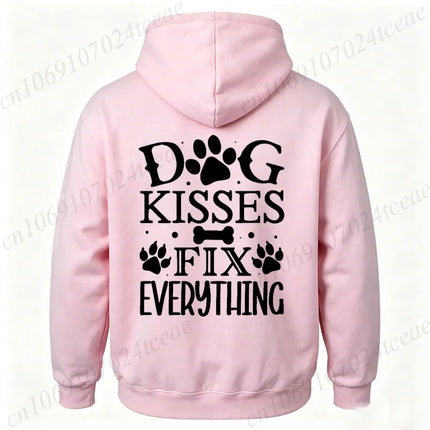Dog Lover Hoodies Funny Quote "Dog Kisses Fix Everything" Pet Paw Print Graphic Sweatshirts Long Sleeve Hoody Autumn Hoodie Gift