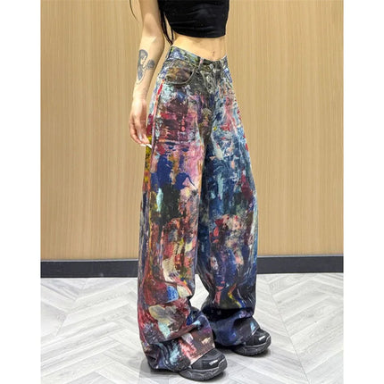 Jeans Americani da Donna a Vita Alta e Gamba Dritta, Pantaloni in Denim Colorati con Effetto Schizzi d'Inchiostro, Pantaloni Larghi Stile Cowboy per l'Autunno
