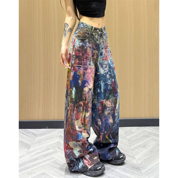Jeans Americani da Donna a Vita Alta e Gamba Dritta, Pantaloni in Denim Colorati con Effetto Schizzi d'Inchiostro, Pantaloni Larghi Stile Cowboy per l'Autunno