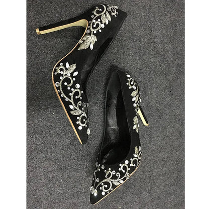 Bling Rhinestone Gold Silver Flower Embroidery Blade Heel Pumps Metal High Heels Crystal Black Suede Pointed Toe Woman Shoes