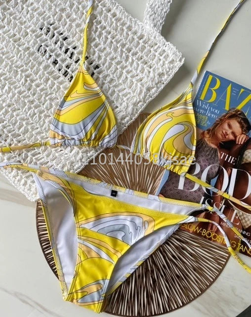 Set Bikini Giallo di Lusso per Donna con Logo Firmato, Abiti in Rete di Marca alla Moda, Abbigliamento da Spiaggia platinumshop