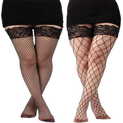 FREEAUCE Plus Size Hollow Mesh Fishnet Sexy sopra il ginocchio Calzini alti alla coscia Top in pizzo nero Stay Up Calze antiscivolo per le donne XXXL