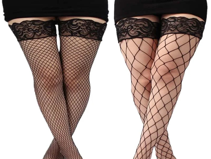 FREEAUCE Plus Size Hollow Mesh Fishnet Sexy sopra il ginocchio Calzini alti alla coscia Top in pizzo nero Stay Up Calze antiscivolo per le donne XXXL