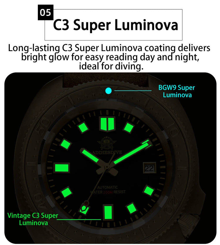 ADDIESDIVE Automatic Watch Men Luxury Bronze Watches Sapphire Super C3 Luminous 200m Waterproof Dive 8215 Mechanical Wristwatch