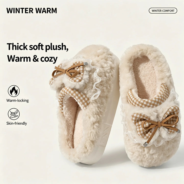 Kawaii Winter Warm Cotton Slippers Women Plaid Bowknot Lace Ruffle Plush Thick Platform Non-Slip Indoor Casual Shoes