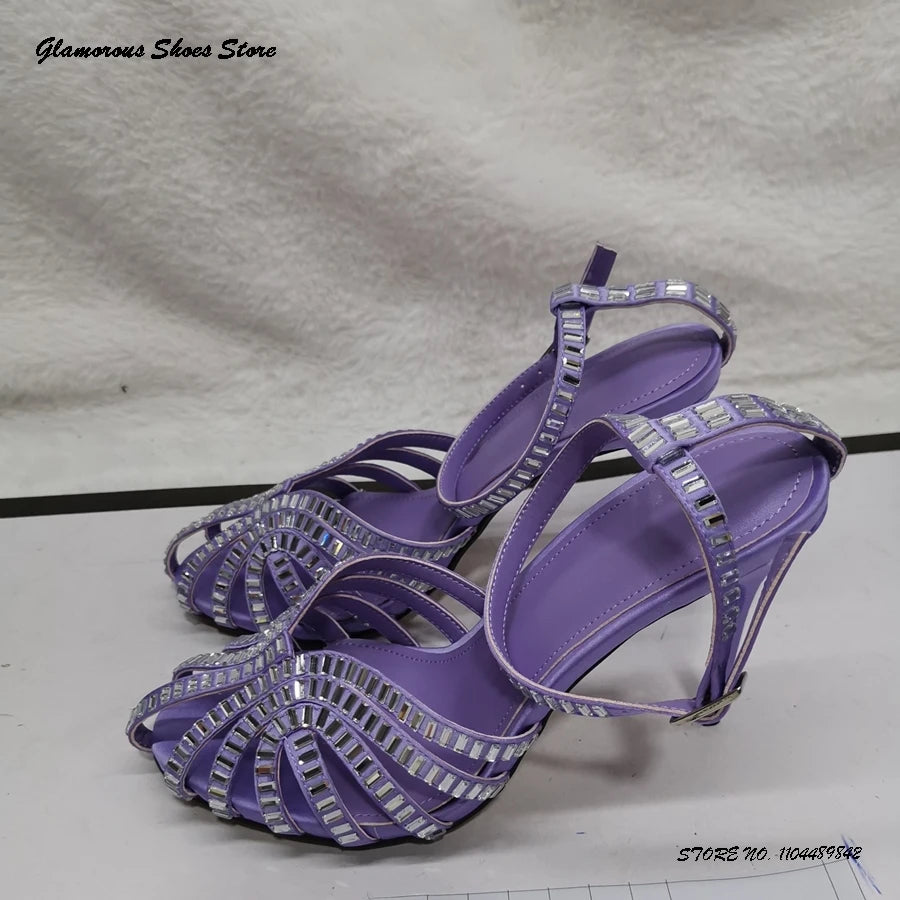 Bling Crystal Caged-toe Satin Sandals Women's Round Toe Thin High Heels Party Shoes Summer Fashion Buckle Strap Daily Stilettos