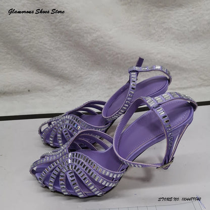 Bling Crystal Caged-toe Satin Sandals Women's Round Toe Thin High Heels Party Shoes Summer Fashion Buckle Strap Daily Stilettos