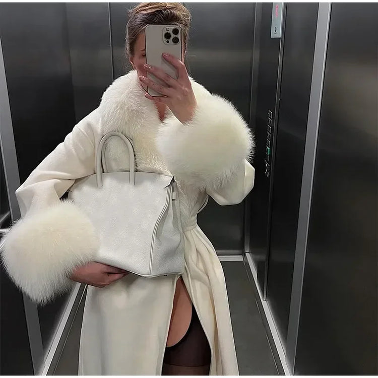Retro Black Fur Patchwork Woolen Coat Women Chic Full Sleeve V-neck Lace Up Loose Long Overcoat 2025 Lady Winter Commute Outwear