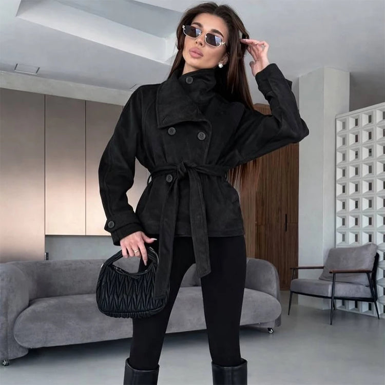 Elegant Suede Women Jacket Turn Down Collar Double Breasted Belt Waist Slim Jackets 2026 Autumn Winter Female Fashion Tops