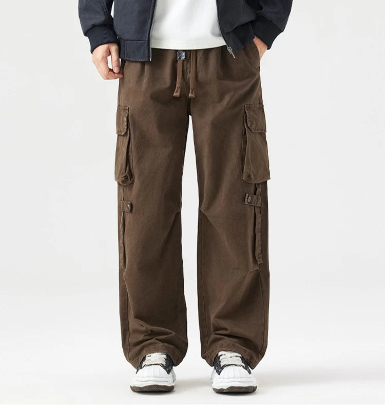 Autumn New Cargo Loose Multi-pockets 100% Cotton Straight Pants for Men Clothing Comfort Zipper Male Trouser GF258113