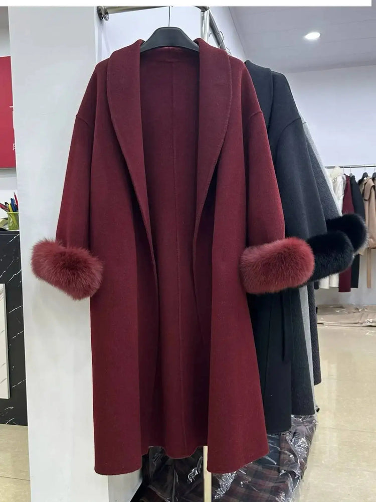 BJTZ Fox Fur Classic Long Double-Sided Pure Wool Coat For Women 2025 New Autumn Winter High-End Woolen Jacket