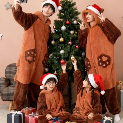 Family Matching Hooded Jumpsuit Cartoon Cypabara Onesie Winter Warm Sleepwear Boys Girls Pajamas Christmas Cartoon Home Clothes