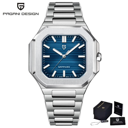 PAGANI DESIGN 37MM Orologio al Quarzo di Alta Gamma, Quadrato, Semplice ed Elegante, con Cristallo Zaffiro, Cassa in Acciaio Inossidabile, Regalo per Uomo