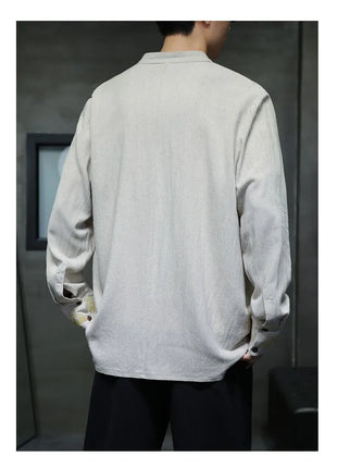 Camicie da Uomo di Alta Qualità con Ricami in Stile Cinese, Colletto Rialzato Retrò, in Lino Comodo e Traspirante, Camicie Casual da Uomo