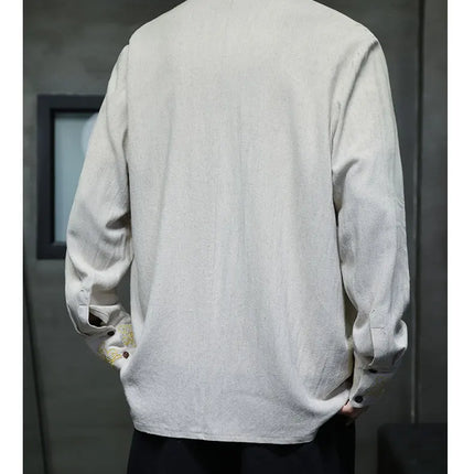 Camicie da Uomo di Alta Qualità con Ricami in Stile Cinese, Colletto Rialzato Retrò, in Lino Comodo e Traspirante, Camicie Casual da Uomo