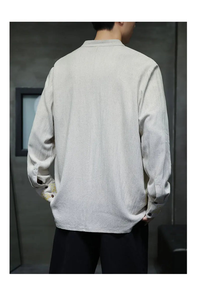 Camicie da Uomo di Alta Qualità con Ricami in Stile Cinese, Colletto Rialzato Retrò, in Lino Comodo e Traspirante, Camicie Casual da Uomo