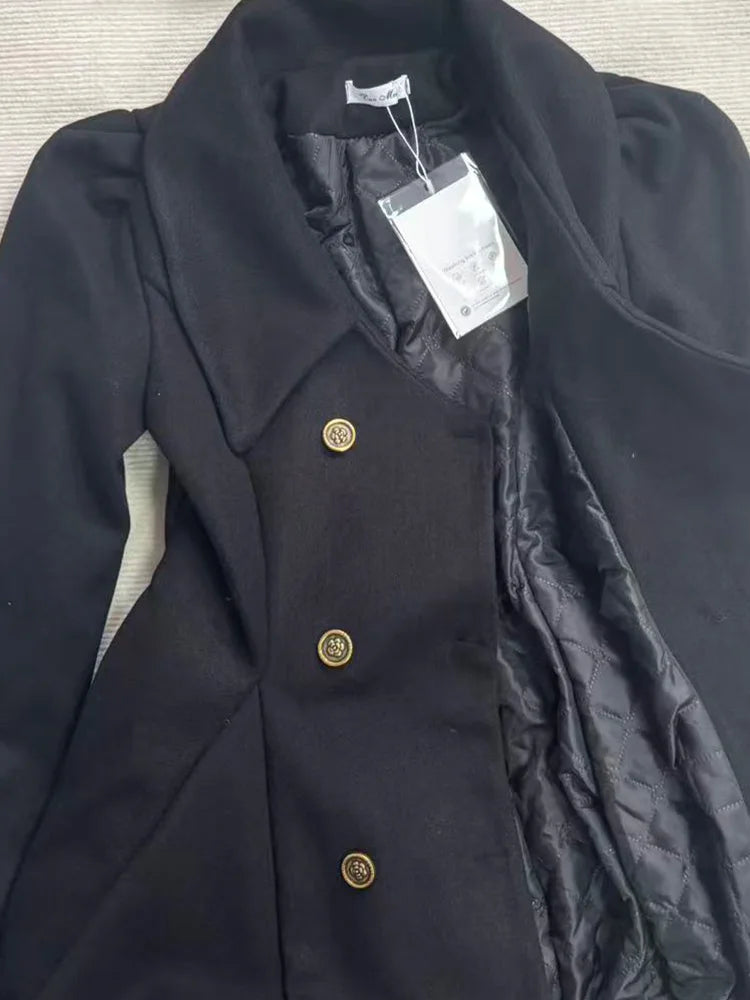 Winter Hepburn Black Fur Collar Woolen Coat French Style Vintage Blends Slim Mid-length Outwear Elegant Lolita Warm Outfits New
