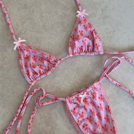 Nuovo Sexy Bikini Brasiliano con Inserti in Pizzo, Costume da Bagno Femminile con Stampa e Allacciatura al Collo, Biquini platinumshop