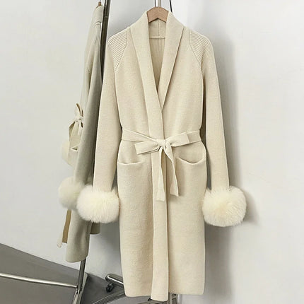 OFTBUY New Winter Long Belted Clothes Outerwear Women Knit Cardigan Real Fox Fur Cuffs Shawl Collar Wrap Knitted Coat Female