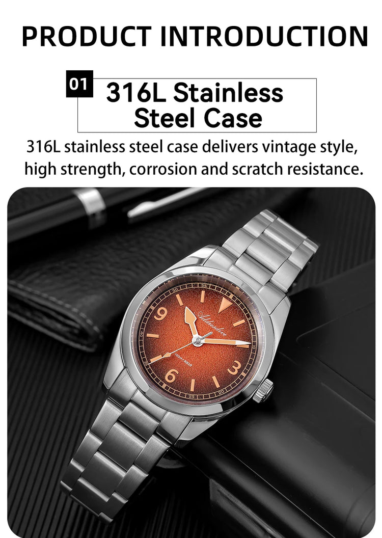 ADDIESDIVE New 36Mm Men's Quartz Watch Retro Dial Sapphire Glass 100M Waterproof Stainless Steel Night Light Retro Quartz Watch