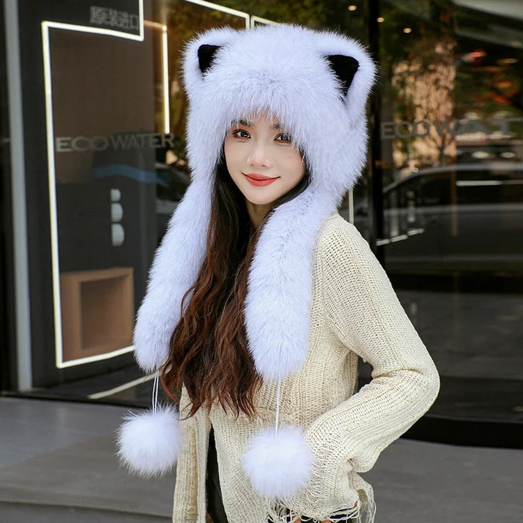 Women's Winter Hats Fox Fur Flight Hats Ushanka Hats For Women Winter Outdoor Windproof And Warm Plush Outdoor Hats For Skiing