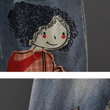 Primavera nuova corea moda Patch disegni cartone animato ricamo Jeans larghi da donna vita elastica pantaloni Casual in Denim di cotone Harem V987