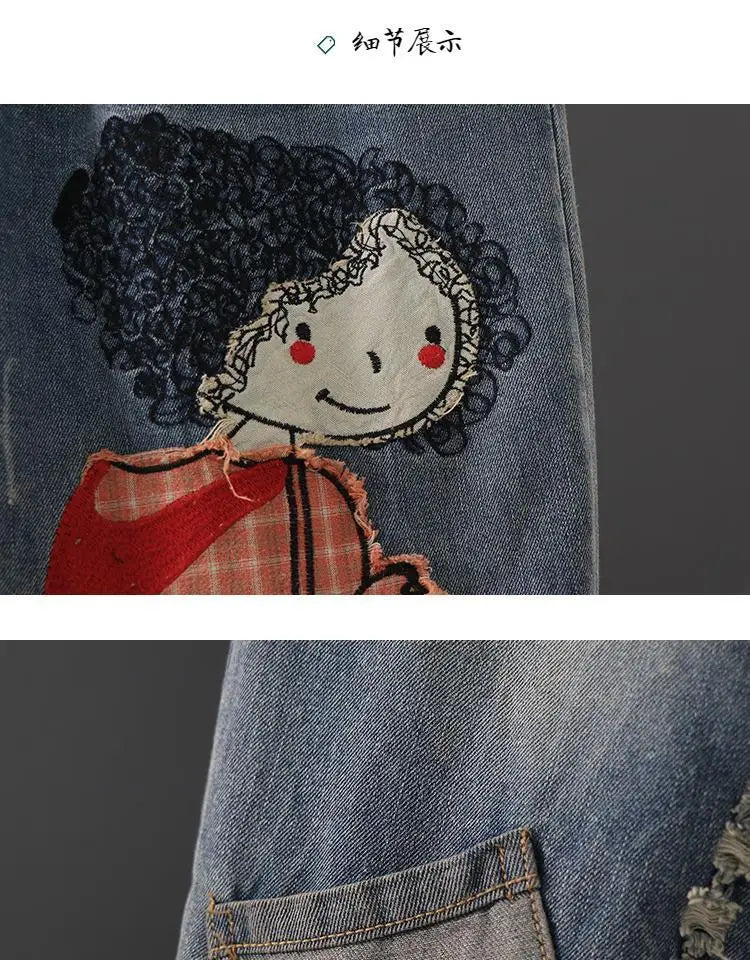Primavera nuova corea moda Patch disegni cartone animato ricamo Jeans larghi da donna vita elastica pantaloni Casual in Denim di cotone Harem V987