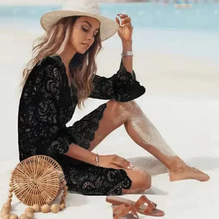 Copricostume Bikini per donna prendisole da spiaggia Boho Crochet bianco lavorato a maglia con scollo a v capesante abito in pizzo tunica pareo Robe Beachwear platinumshop