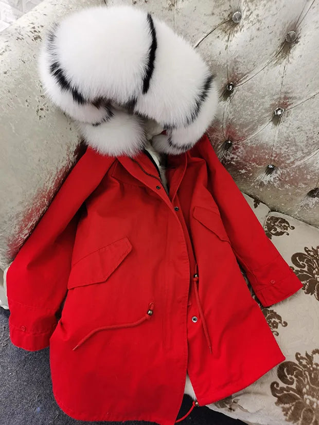 Winter Long Jacket Real Fur Coat Women Clothes Large Silver Fox Fur Collar Detachable Natural Fox Lining Parkas Leather Fur