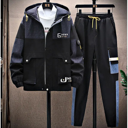 Spring Men Sportswear Tracksuit 2 Piece Running Sets Sports Hooded Jacket+Pant Sweatsuit Male Print Clothing Streetwear