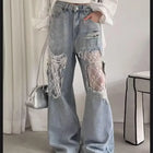 Jeans a Vita Alta e Gamba Larga per Donna, Pantaloni in Denim Estivi con Patchwork in Pizzo e Grandi Fori | Pantaloni Casual Retrò per Donna
