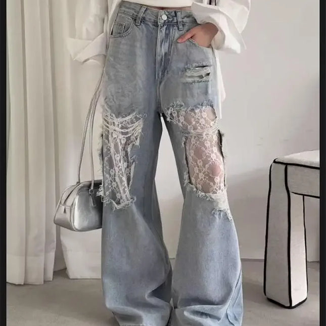Jeans a Vita Alta e Gamba Larga per Donna, Pantaloni in Denim Estivi con Patchwork in Pizzo e Grandi Fori | Pantaloni Casual Retrò per Donna