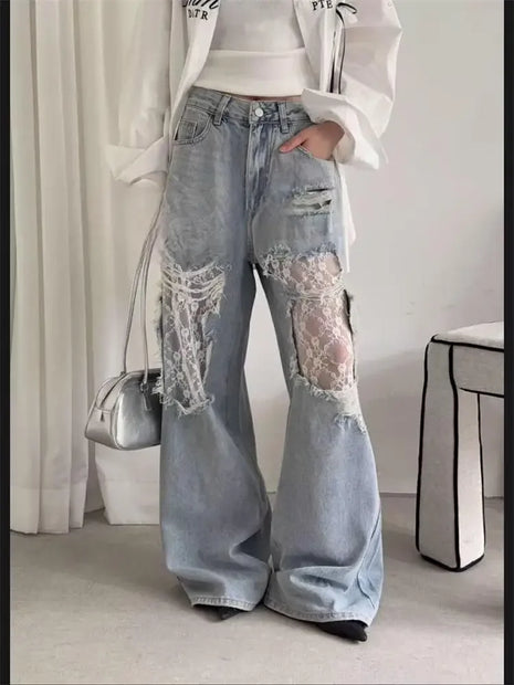 Women's High Waisted Wide Leg Jeans, Summer Denim Pants with Lace Patchwork and Large Holes | Retro Casual Pants for Women