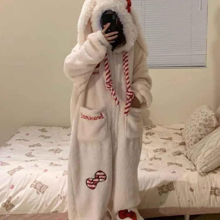 Kawaii Rabbit Bow One Piece Pajamas Women's Coral Velvet Hooded Sleepwear Thicken Winter Warm Sweet Cute Homewear Holiday Gift