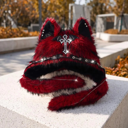 Fuzzy Faux Fur Cat Ear Ear Flap Hat, Gothic Edgy Design Plush Headwear, Fashion Warm Hat for Teens Cosplay & Daily Matching