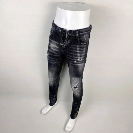 Street Fashion Men Jeans Retro Black Gray Elastic Slim Ripped Jeans Men High Quality Brand Designer Vintage Denim Pants Hombre PlatiNum