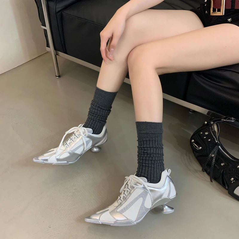 Low Heels Silver Shoes Women Pointed Toe Lace Up Sports Style High Heels Comfort Ladies Pumps Black Spring 2025 Shoes