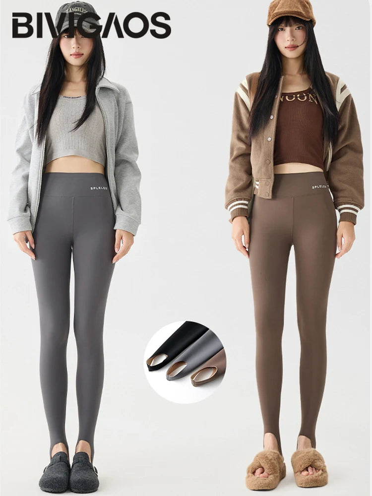 BIVIGAOS Autumn Winter Thick Foot Pants Sharkskin Leggings Women's Rabbit Fleece Warm Leggings High Waist Elastic Non Trace Yoga