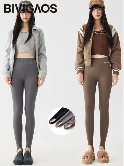 BIVIGAOS Autumn Winter Thick Foot Pants Sharkskin Leggings Women's Rabbit Fleece Warm Leggings High Waist Elastic Non Trace Yoga