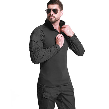 Men's Long Sleeve Combat Shirt 1/4 Zipper Ripstop Cotton Tactical Shirts Navy Blue Camoufalge Airsoft T Shirts PlatiNum