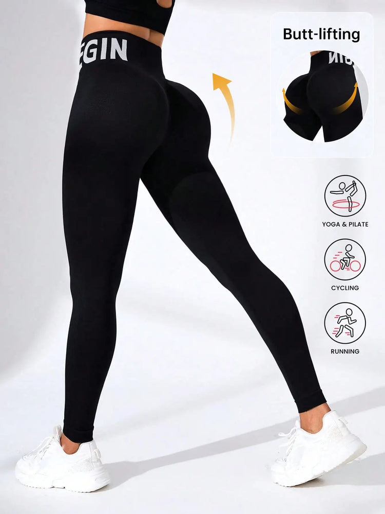 European and American Seamless Yoga Leggings with Waistband Lettering, Butt-Lifting, Quick-Dry Women's Breathable Tights for Pea PlatiNum