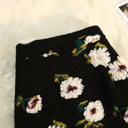 Three Dimensional Flower Skirts Women Winter High Waist Woolen Thickened Long Skirt Female Autumn New PlatiNum
