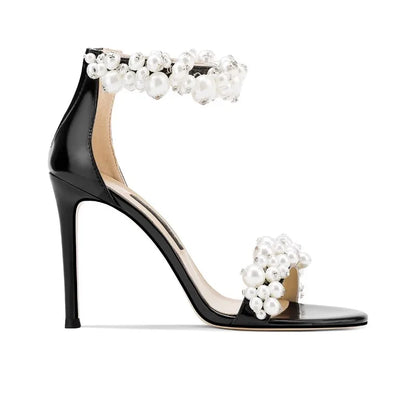 Summer new leather pearl ribbon sexy open-toe wedding shoes thin high-heeled banquet dress small size bag heel women's sandals