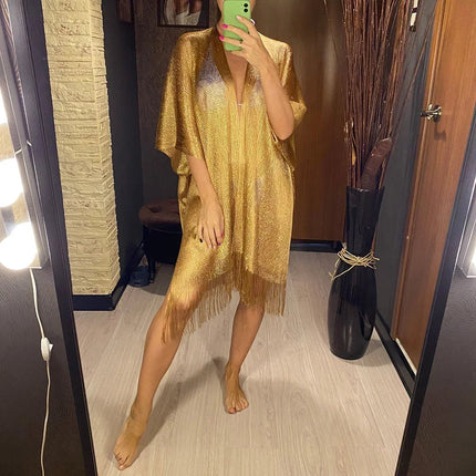 Nappa Oro Bikini Cover Up Abito da spiaggia sexy Tuniche per le donne Beachwear Nuova estate Vedere attraverso il costume da bagno Cover-up Caftano platinumshop