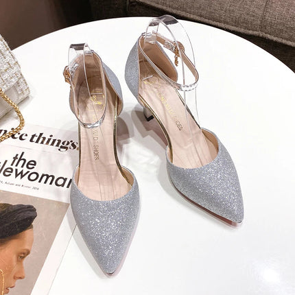 Bling Gold Silver Women Pumps 2023 Sexy Point Toe Thin Heel Party Wedding Shoes Womens Summer Ankle Strap 8cm High Heels Shoes PlatiNum