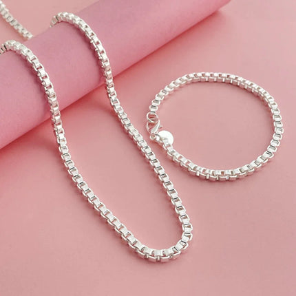 Andara Set di collana e bracciale a catena quadrata in argento sterling 925 da 4 mm per gioielli da festa per uomini e donne platinumshop