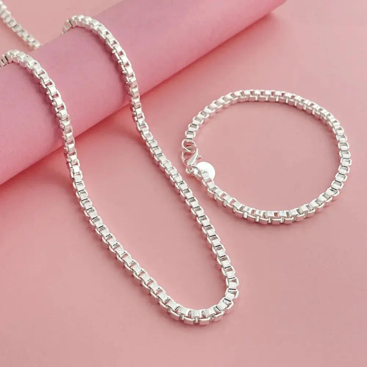 Andara Set di collana e bracciale a catena quadrata in argento sterling 925 da 4 mm per gioielli da festa per uomini e donne platinumshop