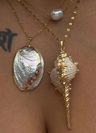 Retro Gold-Tone Shell Pendant Necklace Unique Layered DIY Fashion Jewelry for Women Perfect for Beach Vacations Gift Idea PlatiNum