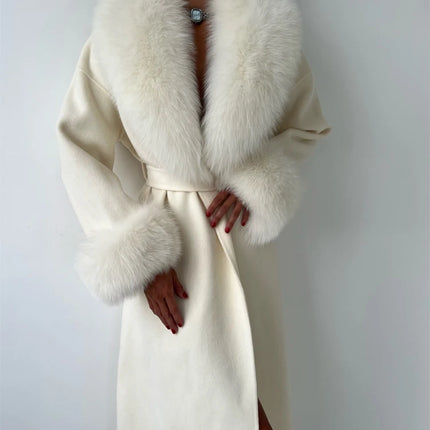 Women's Solid Color Lace Up Fur Collar Woolen Overcoat Bathrobe Style Long Loose Coat Advanced Atmosphere Autumn Winter Overwear